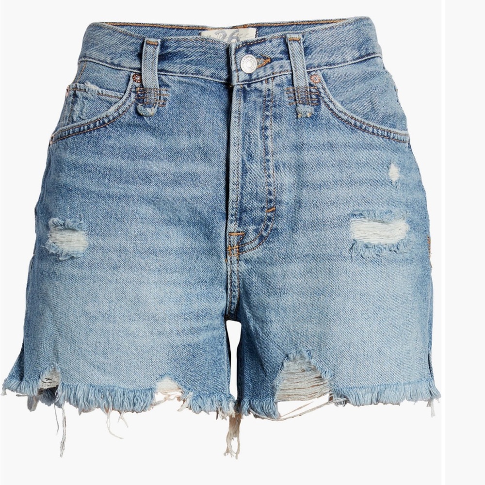 Free People Blue Distressed Jean Shorts High-Waisted